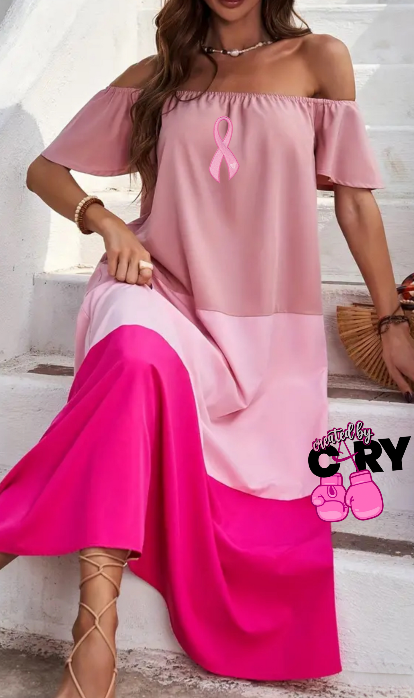 Off the shoulder tri-color pinks maxi dress with breast cancer ribbon