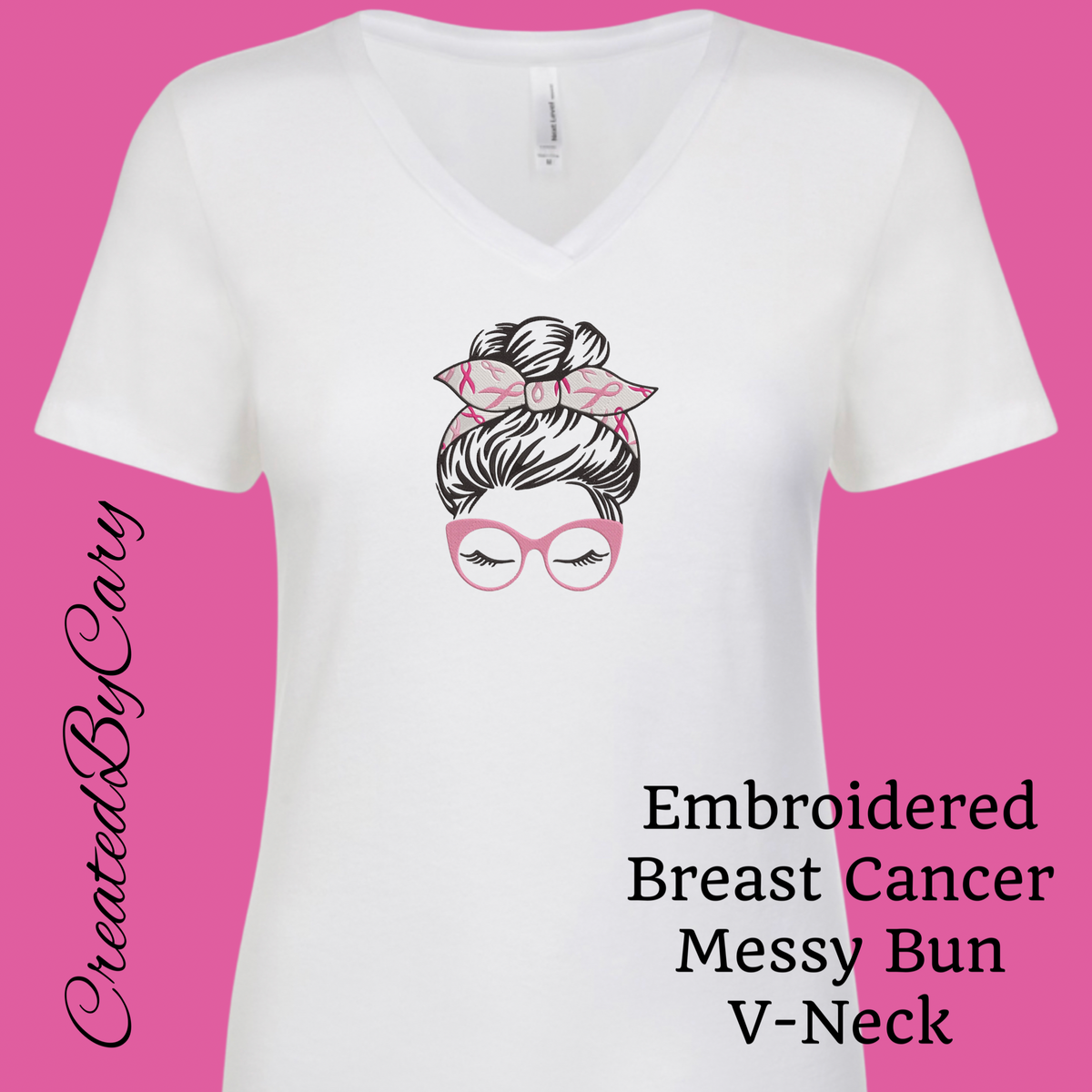 Breast Cancer Embroidered Messy Bun Shirt