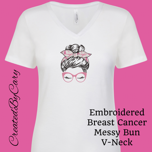 Breast Cancer Embroidered Messy Bun Shirt/Muscle Tank