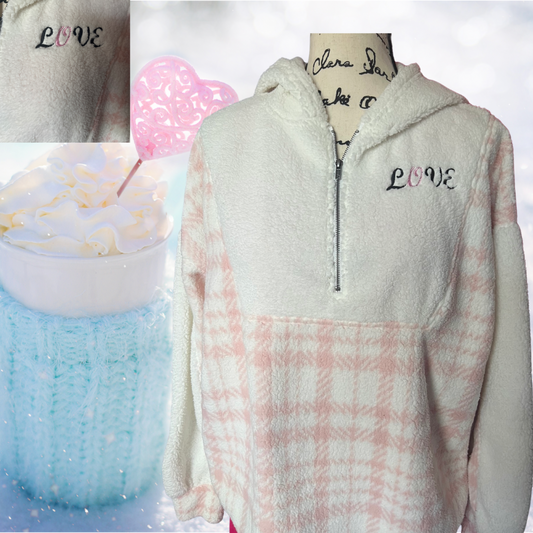 LOVE embroidered Pink plaid hoodie